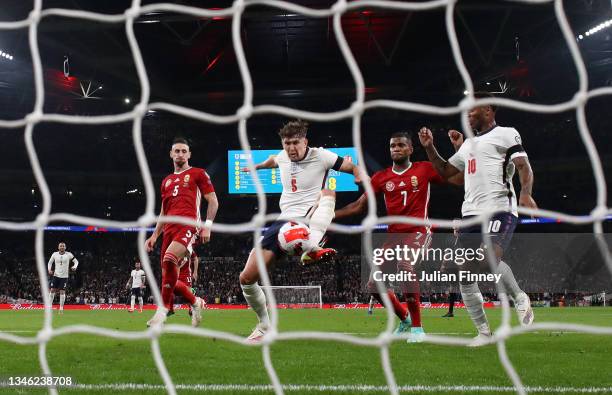 John Stones of England scores their team's first goal during the 2022 FIFA World Cup Qualifier match between England and Hungary at Wembley Stadium...