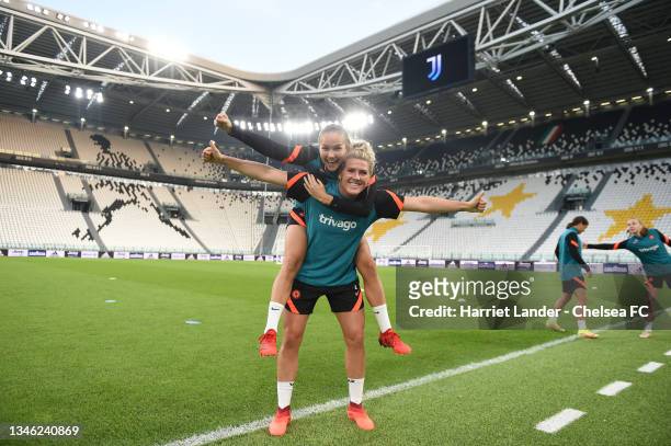 Guro Reiten and Millie Bright of Chelsea pose for a photograph during a Chelsea FC Women's Training Session at Allianz Stadium on October 12, 2021 in...