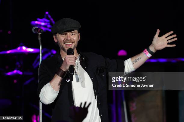 Simon Pegg introduces Coldplay stage at O2 Arena Shepherd's Bush Empire on October 12, 2021 in London, England. Coldplay celebrate the release of...