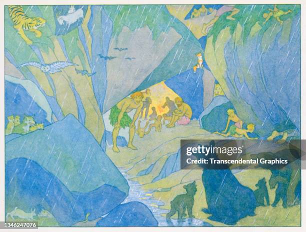 Illustration entitled 'The Cave Dwellers' features prehistoric people as they shelter from the rain in a cave, while bear family looks in, 1914. It...