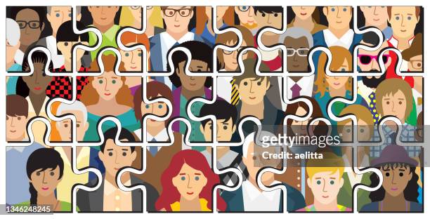 stockillustraties, clipart, cartoons en iconen met social network scheme, which contains people icons in the form of jigsaw puzzle pieces. - verstrengelen