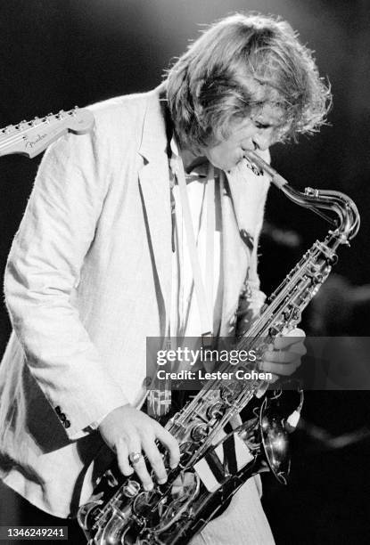 American singer and songwriter Eddie Money performs on stage during a concert on May 17, 1987 at the Greek Theatre in Los Angeles, California.