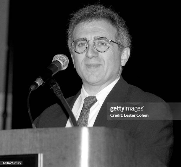 American entertainment executive Irving Azoff speaks at the podium during the Warner-Elektra-Atlantic meetings circa 1994 in Nashville, Tennessee.