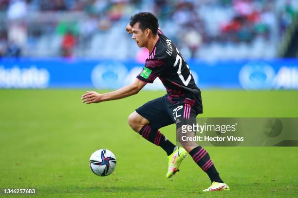 Hirving Lozano of Mexico drives the ball during the match between Mexico and Honduras as part of the Concacaf 2022 FIFA World Cup Qualifier at Azteca...