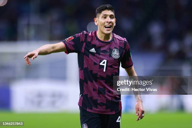 Edson Alvarez of Mexico gestures during the match between Mexico and Honduras as part of the Concacaf 2022 FIFA World Cup Qualifier at Azteca Stadium...