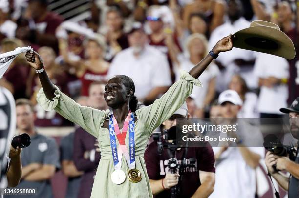 Olympic medalist Athing Mu introduced to the fans at Kyle Field on October 09, 2021 in College Station, Texas.