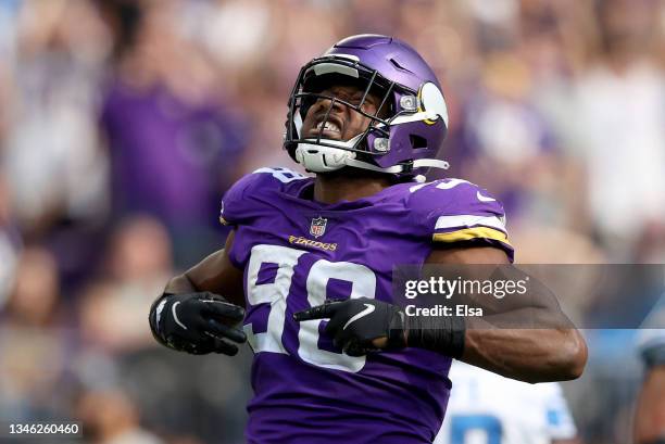 Everson Griffen of the Minnesota Vikings celebrates his sack of Detroit Lions quarterback Jared Goff at U.S. Bank Stadium on October 10, 2021 in...