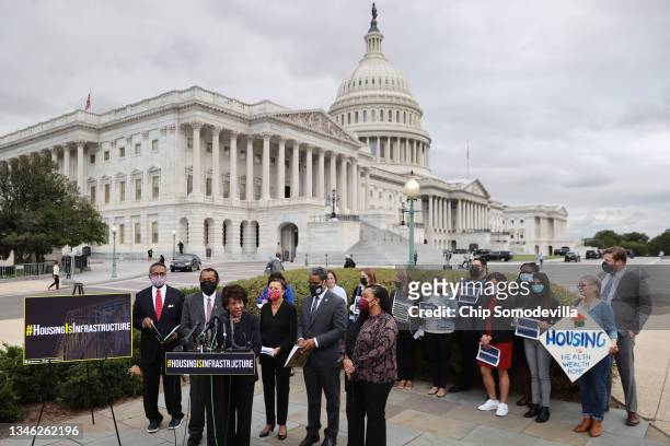 House Financial Services Chair Maxine Waters holds a news conference with committee members Rep. Emanuel Cleaver , Rep. Al Green , Rep. Nydia...