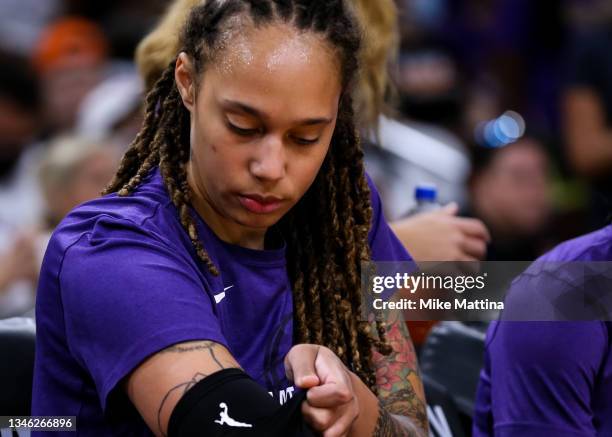 Brittney Griner of the Phoenix Mercury prepares for game 1 of the WNBA Finals at Footprint Center on October 10, 2021 in Phoenix, Arizona. NOTE TO...