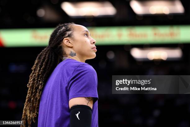 Brittney Griner of the Phoenix Mercury durring pregame warmups at Footprint Center on October 10, 2021 in Phoenix, Arizona. NOTE TO USER: User...