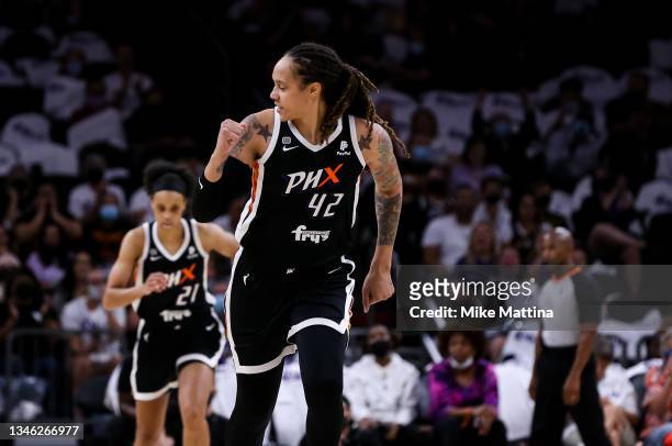 Brittney Griner of the Phoenix Mercury reacts after a made basket in the second half at Footprint Center on October 10, 2021 in Phoenix, Arizona....