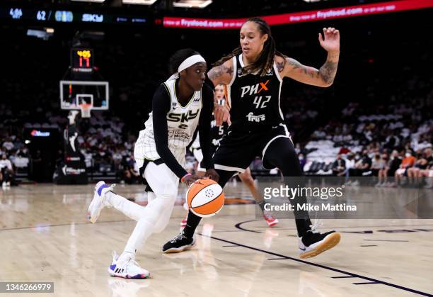 Kahleah Copper of the Chicago Sky drives to the basket against Brittney Griner of the Phoenix Mercury in the second half at Footprint Center on...