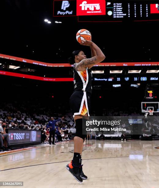 Kia Vaughn of the Phoenix Mercury shoots in the first half at Footprint Center on October 10, 2021 in Phoenix, Arizona. NOTE TO USER: User expressly...