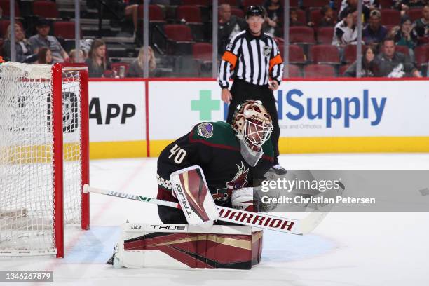 Goaltender Carter Hutton of the Arizona Coyotes during the NHL game at Gila River Arena on October 02, 2021 in Glendale, Arizona. The Coyotes...