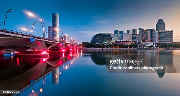 singapore esplanade with reflection - teatro esplanade fotografías e imágenes de stock