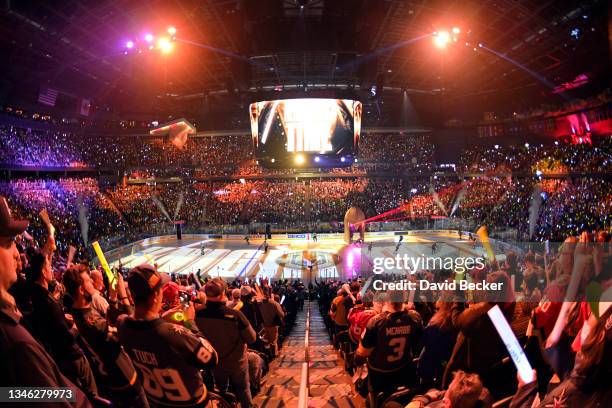 General view of the ice prior to a game between the Vegas Golden Knights and the Seattle Kraken at T-Mobile Arena on October 12, 2021 in Las Vegas,...