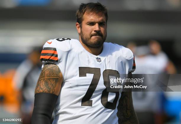 Jack Conklin of the Cleveland Browns at SoFi Stadium on October 10, 2021 in Inglewood, California.