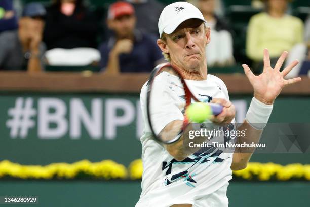 Kevin Anderson of South Africa returns a shot to Gael Monfils of France during the BNP Paribas Open at the Indian Wells Tennis Garden on October 12,...