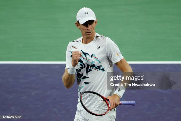 Kevin Anderson of South Africa reacts during a match against Gael Monfils of France during the BNP Paribas Open at the Indian Wells Tennis Garden on...