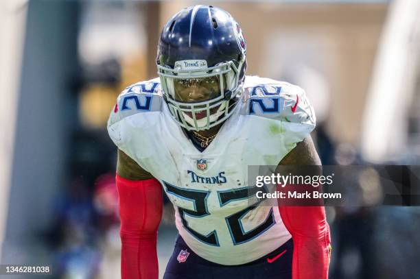 Derrick Henry of the Tennessee Titans in action against the Jacksonville Jaguars at TIAA Bank Field on October 10, 2021 in Jacksonville, Florida.