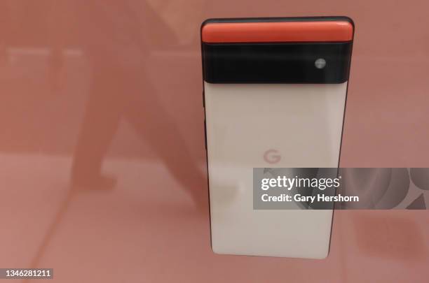 Google Pixel 6 mobile phone sits in a display window at their corporate store on October 12, 2021 in New York City. The new phone is expected to be...