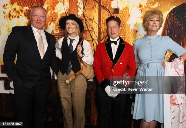 Anthony Michael Hall, Judy Greer, David Gordon Green and Jamie Lee Curtis attend the costume party premiere of "Halloween Kills" at TCL Chinese...