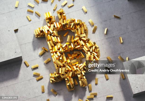 bitcoin sign made out of golden bars - graphic accident photos stock pictures, royalty-free photos & images