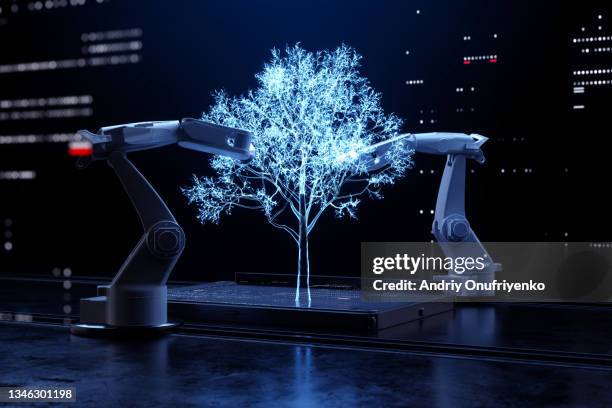 robotic arms making tree. - 3d plant stock-fotos und bilder