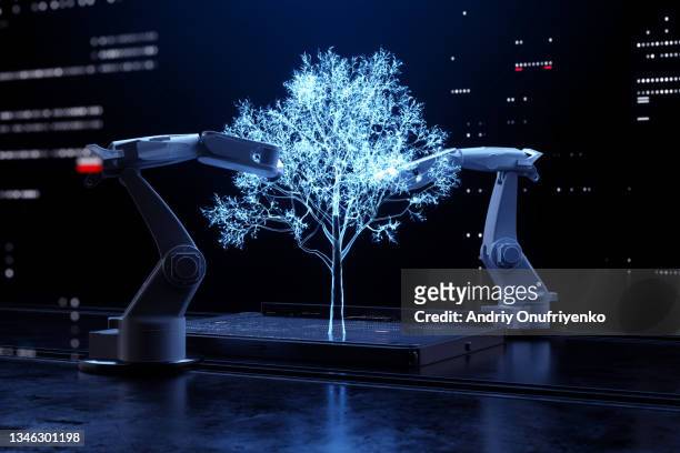 robotic arms making tree. - future fotografías e imágenes de stock