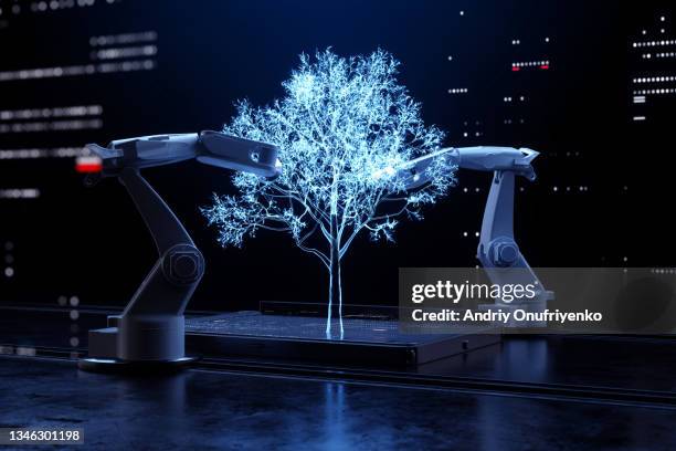 robotic arms making tree. - tree ai fotografías e imágenes de stock