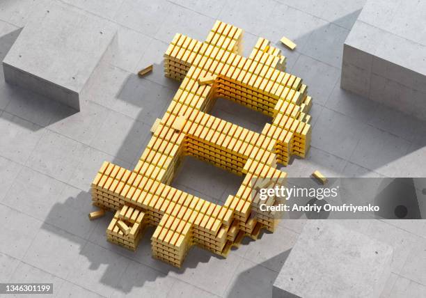 bitcoin sign made out of golden bars - premium access images stock pictures, royalty-free photos & images