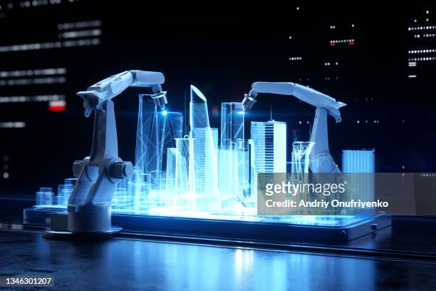 robotic arms building city. - plan 3d stockfoto's en -beelden