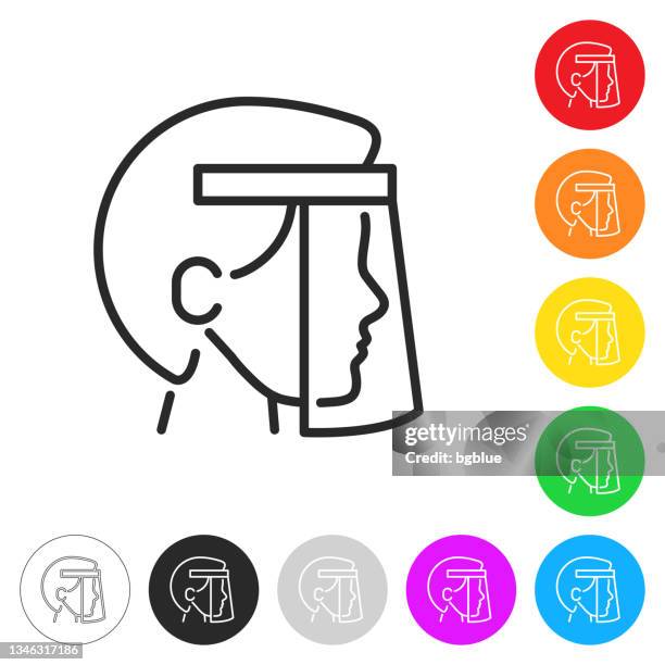 person with medical protective face shield. flat icons on buttons in different colors - face shield 幅插畫檔、美工圖案、卡通及圖標