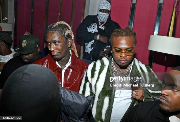 Hip-hop artists Young Thug and Gunna attend a release party for Young Thug's new album "PUNK" at Delilah on October 12, 2021 in West Hollywood,...