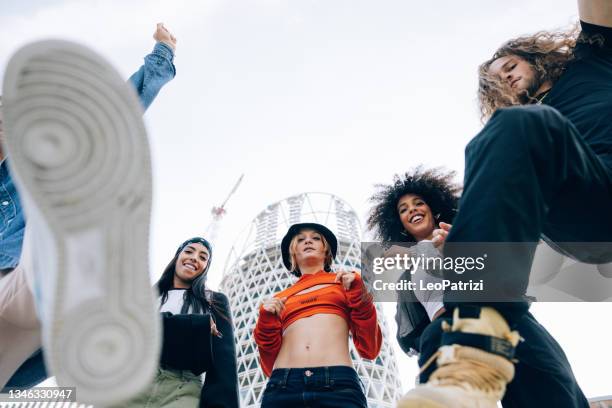 multiethnic group of hip hop dancers - woman rap stock pictures, royalty-free photos & images