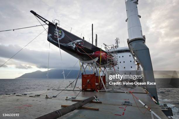 Ocean Racing powered by BERG Propulsion's damaged Mar Mostro is loaded onto the container ship Team Bremen, ready for the trip back to Cape Town,...