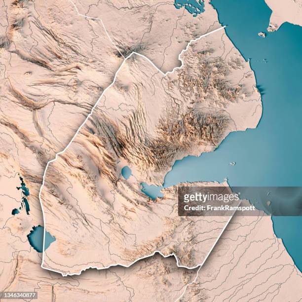 djibouti 3d render topographic map neutral border - djibouti map stock pictures, royalty-free photos & images