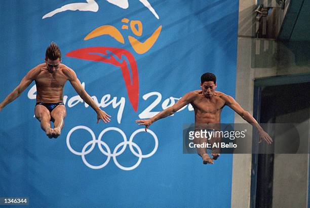 David Pichler and Mark Ruiz of the USA perform their dive in Men's Synchronized 10m Final during the Sydney 2000 Olympic Games on September 23,2000...