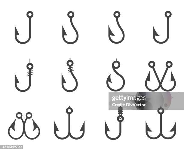ilustraciones, imágenes clip art, dibujos animados e iconos de stock de conjunto de iconos de anzuelo de pesca - anzuelo de pesca