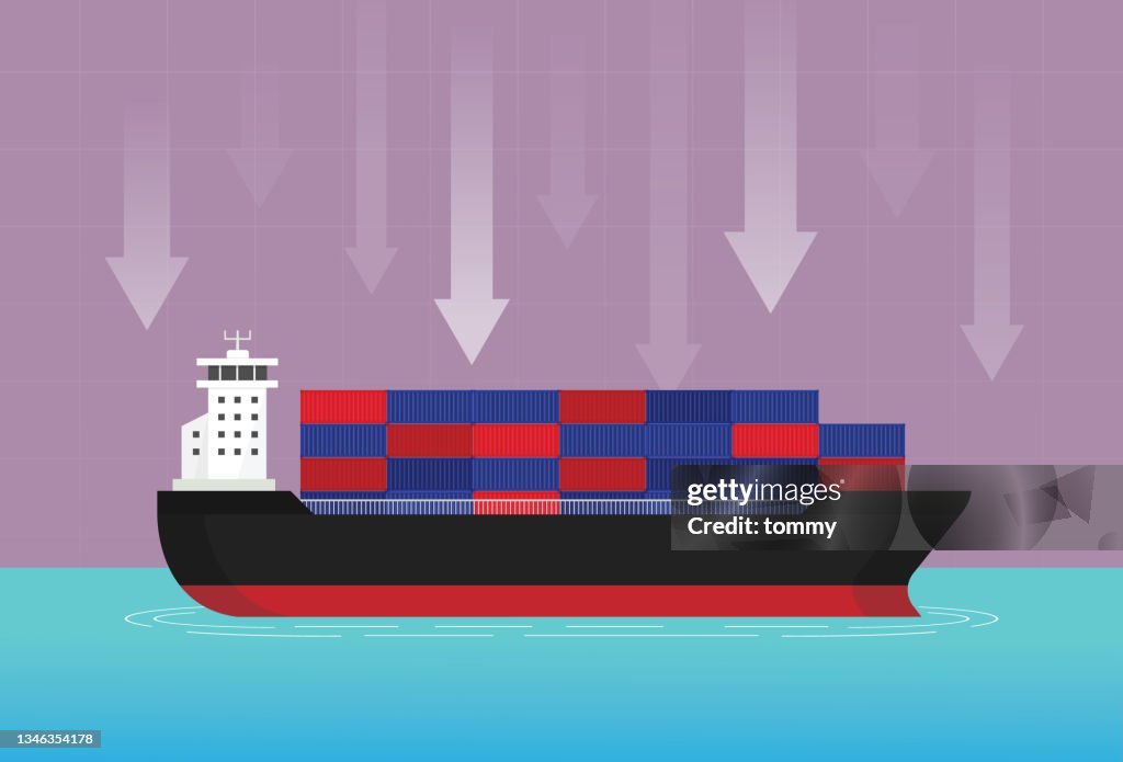 A cargo ship and an arrow are moving down