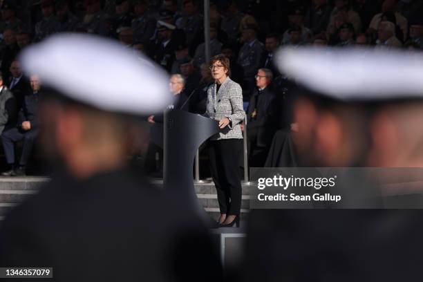 German Defense Minister Annegret Kramp-Karrenbauer speaks at a ceremony to honor Germany's 20-year military mission and its veterans in Afghanistan...