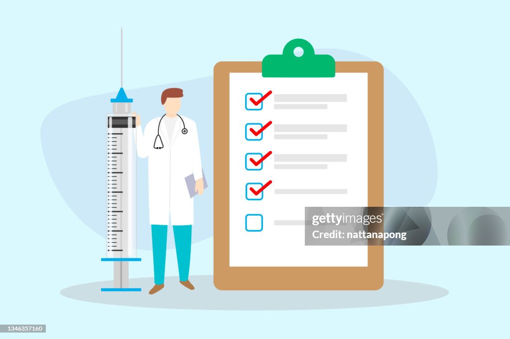 Doctor Using Checklist Checklist Board With Doctor And Syringe High-Res Vector Graphic - Getty ...
