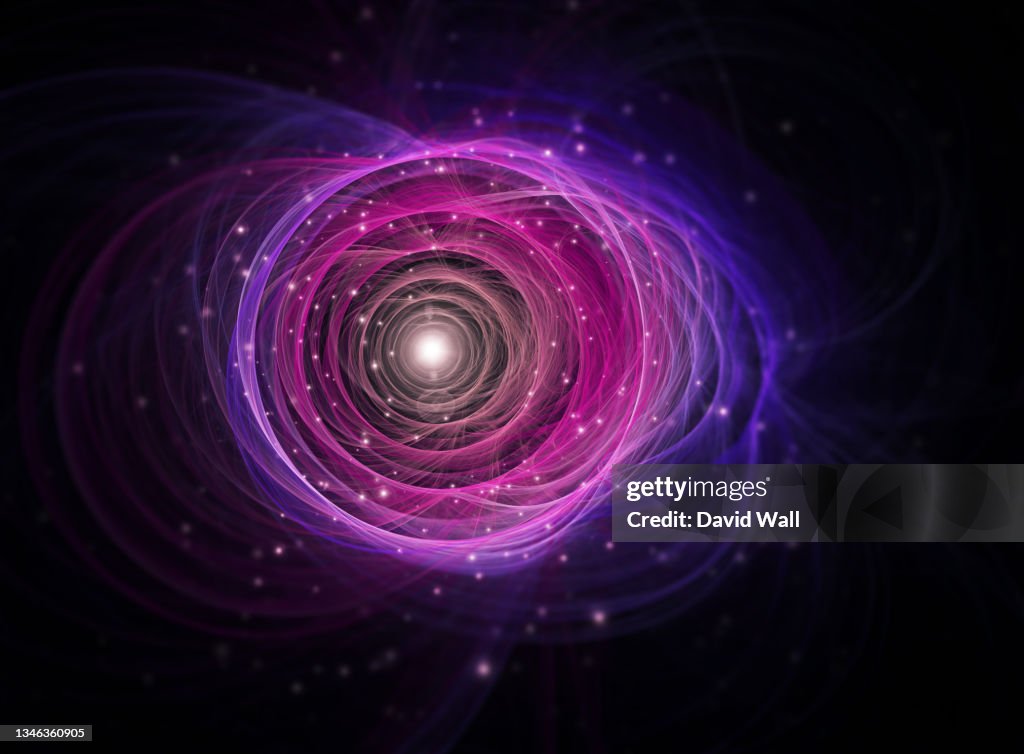 A quantum, science fiction design of a glowing fractal pattern. With stars floating on a black background