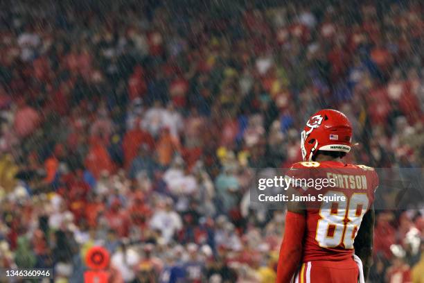Jody Fortson of the Kansas City Chiefs stands in the rain during the game against the Buffalo Bills at Arrowhead Stadium on October 10, 2021 in...