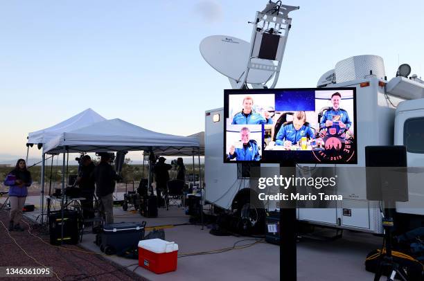 Members of the media are gathered before Blue Origin’s New Shepard lifts-off from the launch pad carrying 90-year-old Star Trek actor William Shatner...