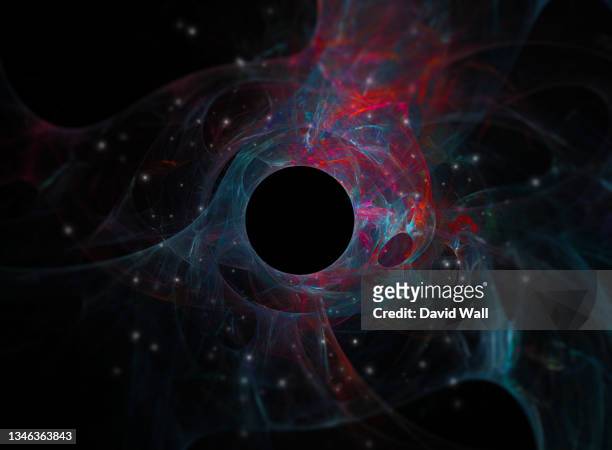 a quantum, science fiction concept of an atomic like design. with stars floating on a black background. - quantum physics 個照片及圖片檔