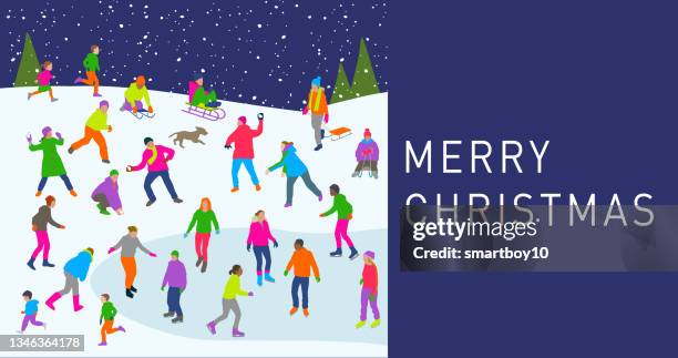 christmas fun in the snow - toboggan stock illustrations