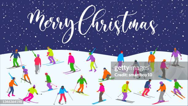 christmas fun in the snow - toboggan stock illustrations