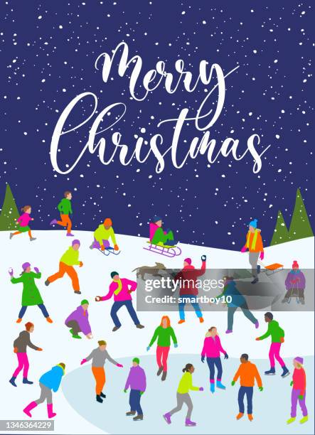 christmas fun in the snow - toboggan stock illustrations