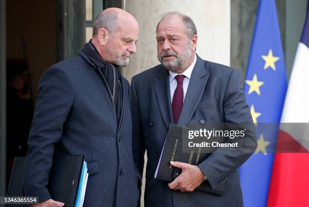 French Education, Youth and Sports Minister Jean-Michel Blanquer and French Justice Minister Eric Dupond-Moretti leave the Elysee Presidential Palace...